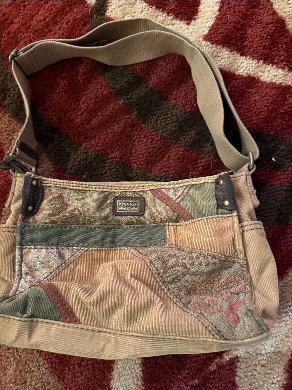 Fossil Patchwork Messenger Bag in Tan, Olive & Brown